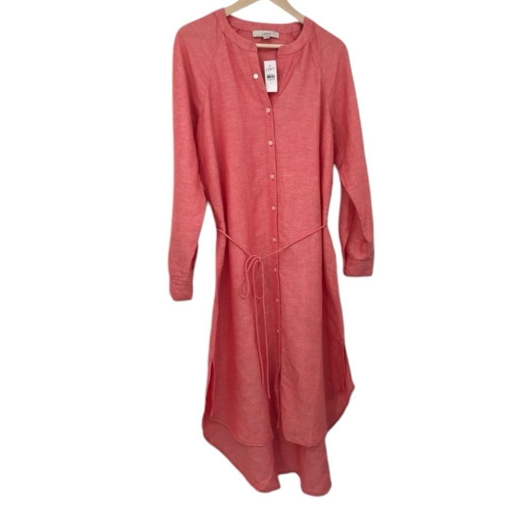 NWT Loft Linen Blend Button Front Long Sleeve Tie Maxi Shirt Dress Coral Size S - Picture 2 of 9